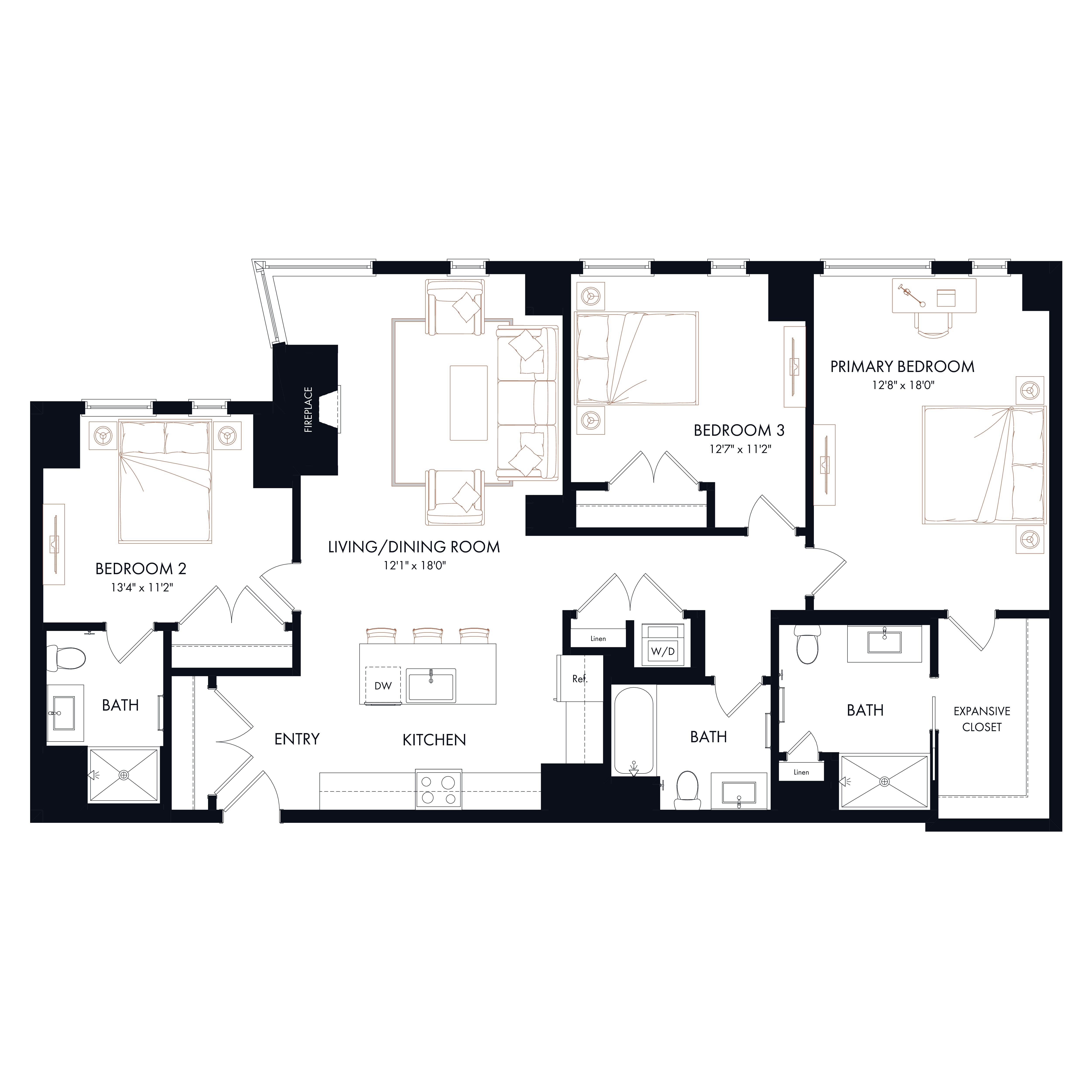 Floor plan layout diagram for C2 | 3 Bed | 3 Bath